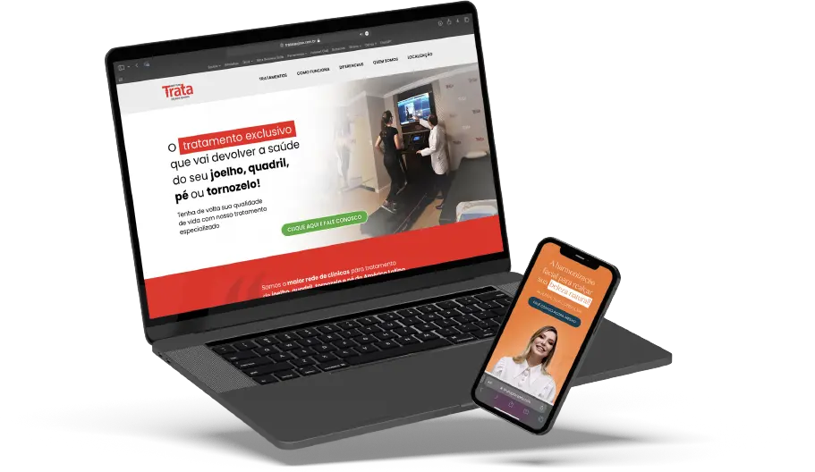 Site institucional exibido em notebook e celular